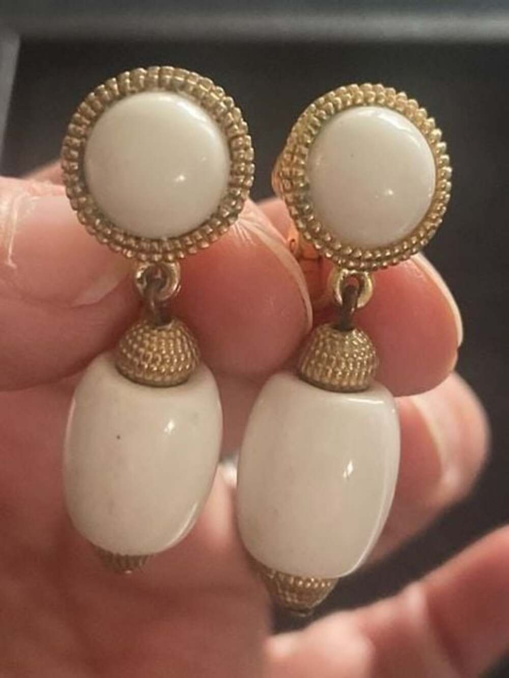 Vintage Trifari Crown Gold Tone and Cream White Lucite Bead Dangle Clip-On Earri